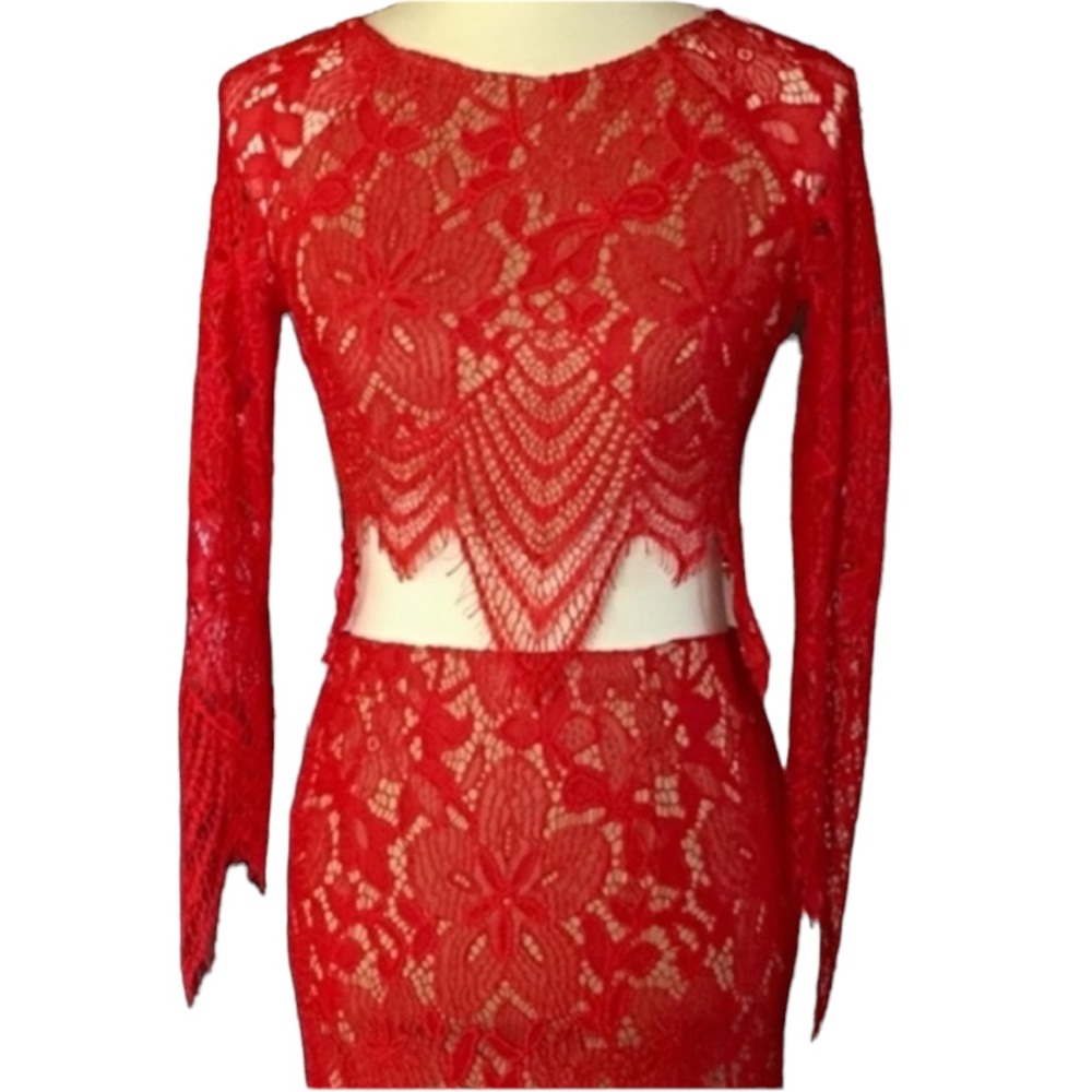 ANGL Lace Floral Art Deco Boho Long Sleeve Crop Top Neon Orange Red Small